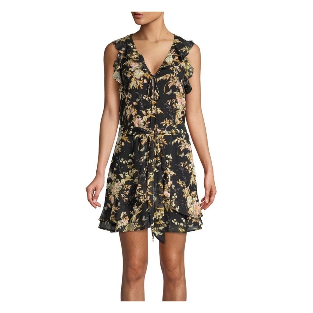 Paige Black Floral Silk Mini Dress Boho Cocktail Hippie Chic Womens L Ruffle Tie